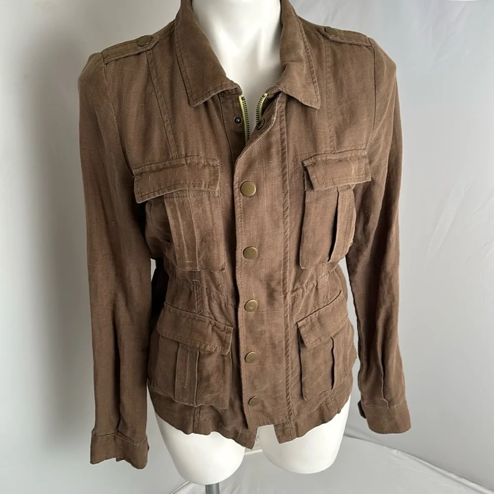 Free People olive Military Platoon linen full zip and snap utility jacket